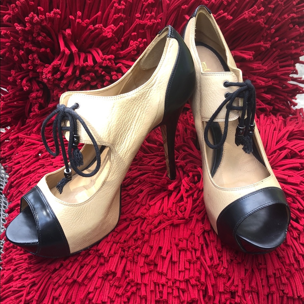L.A.M.B. Black and Tan Peep Platform Toe Heels Vintage Gwen Stafani